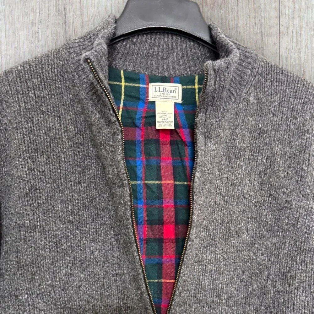 LL Bean Lambswool Bomber Jacket Gray Tartan Lined Zip Front Classic Coat Mens L